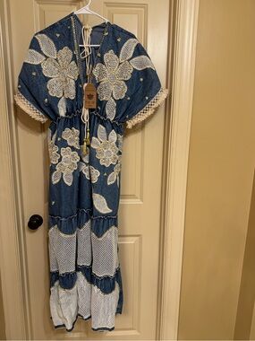 Blue Denim Maxi Dress with White Crochet Floral Detail